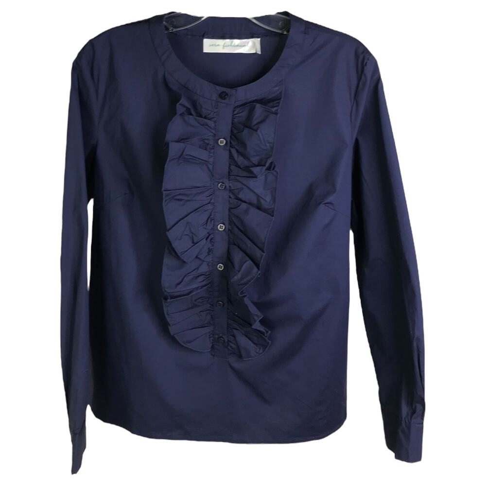 Vera Fishbaugh Blouse‎ Womens Size M Navy Blue Stretch Ruffle Button-Up Classic